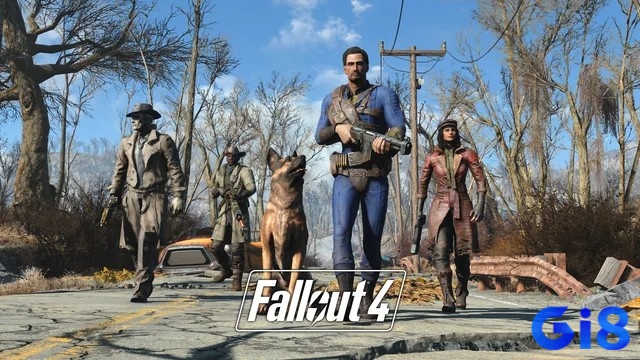 Hình ảnh các companion nổi bật như Dogmeat, Piper, Nick Valentine và Paladin Danse