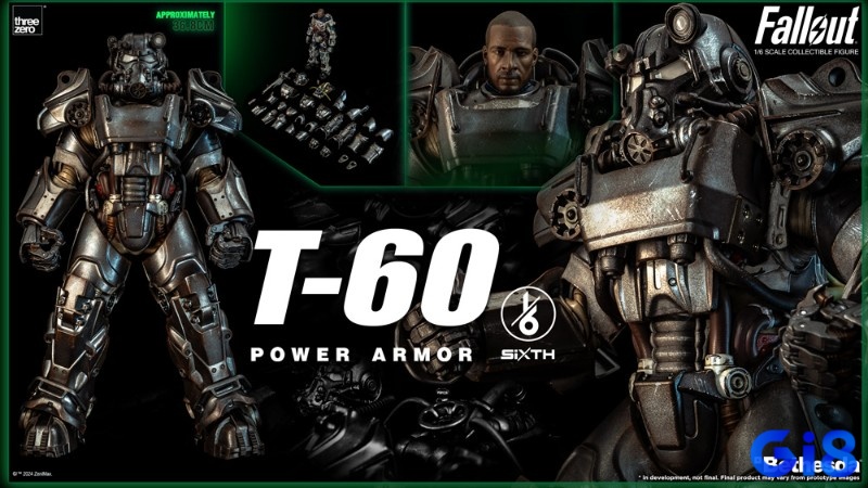 Nhân vật đang mặc bộ Power Armor T-60 với giao diện fusion core và thông số hiển thị