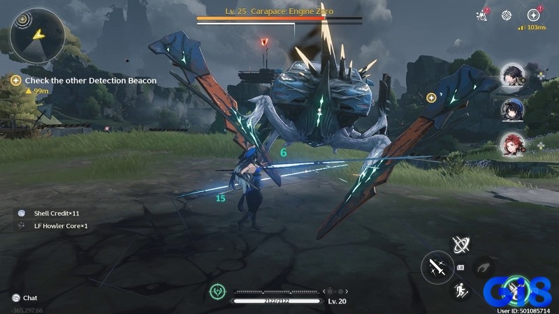 Cảnh chiến đấu hack-and-slash mượt mà và môi trường sci-fi trong Wuthering Waves.